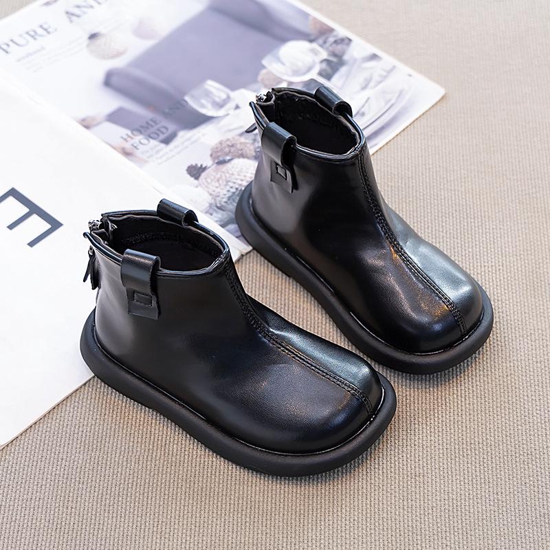 Girls Boots Children's Short Boots Two Cotton Fleece Shoes Winter Baby Girl Leather Boots Girls Martin Boots Classmate Black
