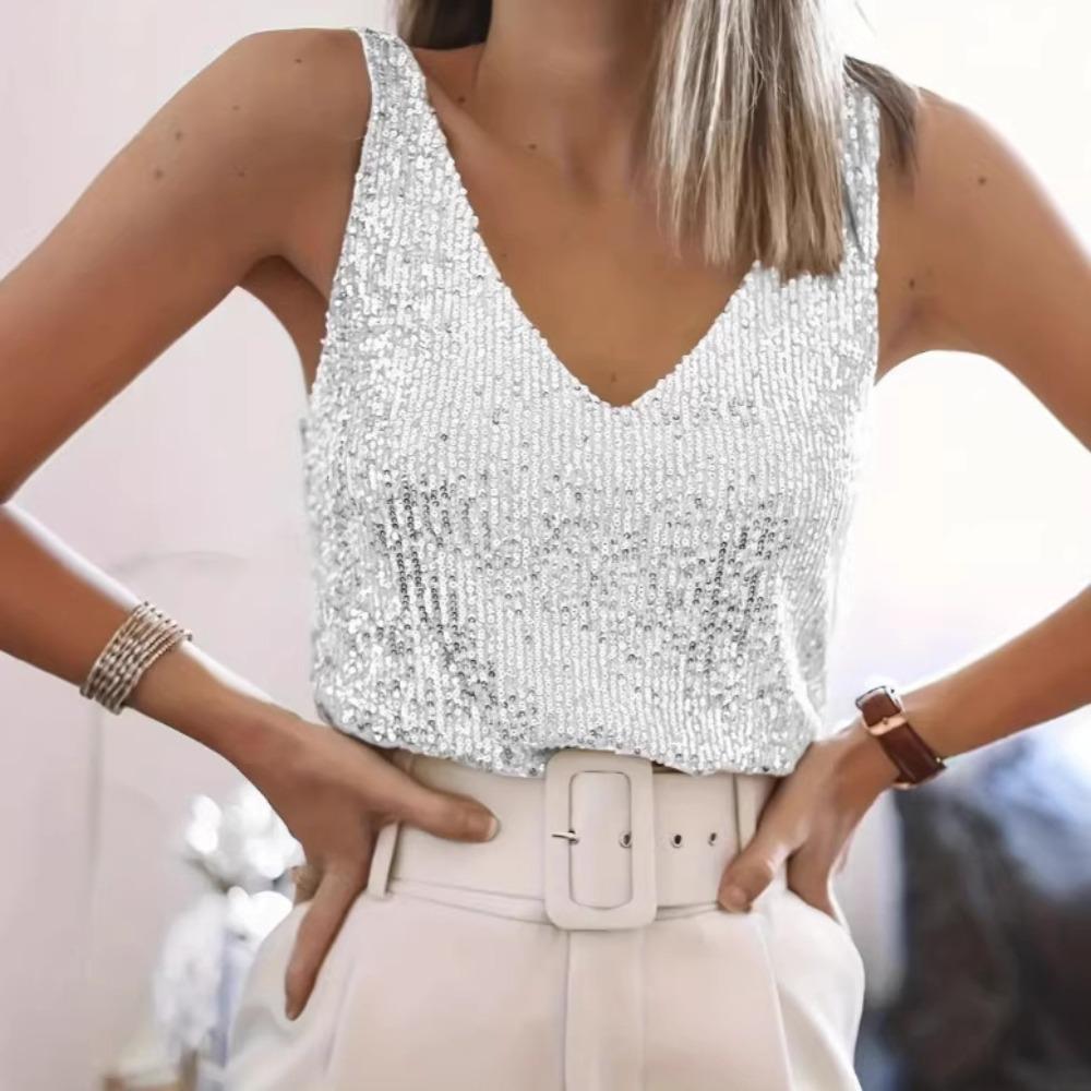 Women's V Neck Sleeveless Sequin Tank Top Straight Fit Elegant Party Cami Top