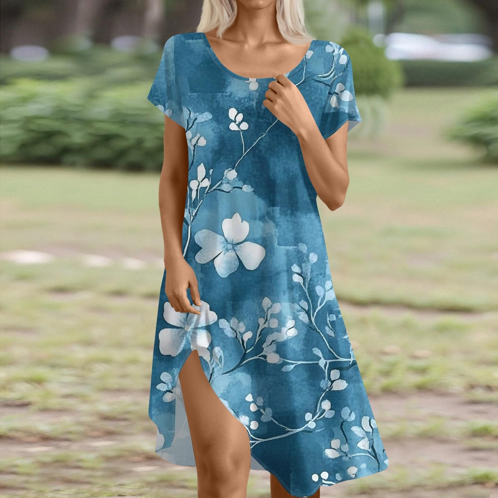 

Платье в стиле бохо с коротким рукавом для женщин, повседневное, свободного кроя, летнее, сарафан с цветочным принтом и карманами L синий