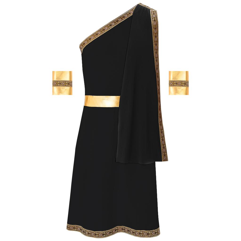 Mens One Shoulder Greek Toga Sleeveless Robe Embroidered Trim Detachable Cuffs Ancient Costume Halloween Outfit
