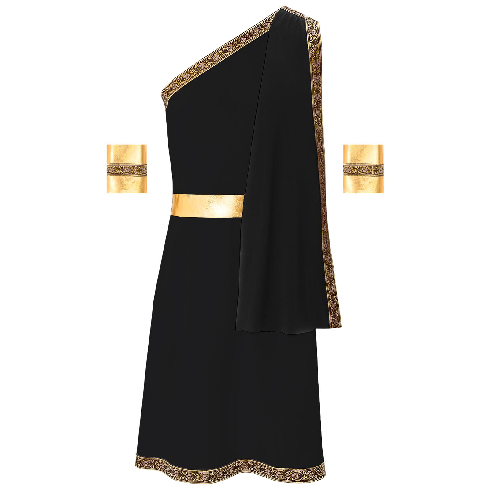 

Чоловічий костюм грецького бога на одне плече, вишитий тога-халат зі знімними манжетами для вечірок на Хелловін 3XL чорний