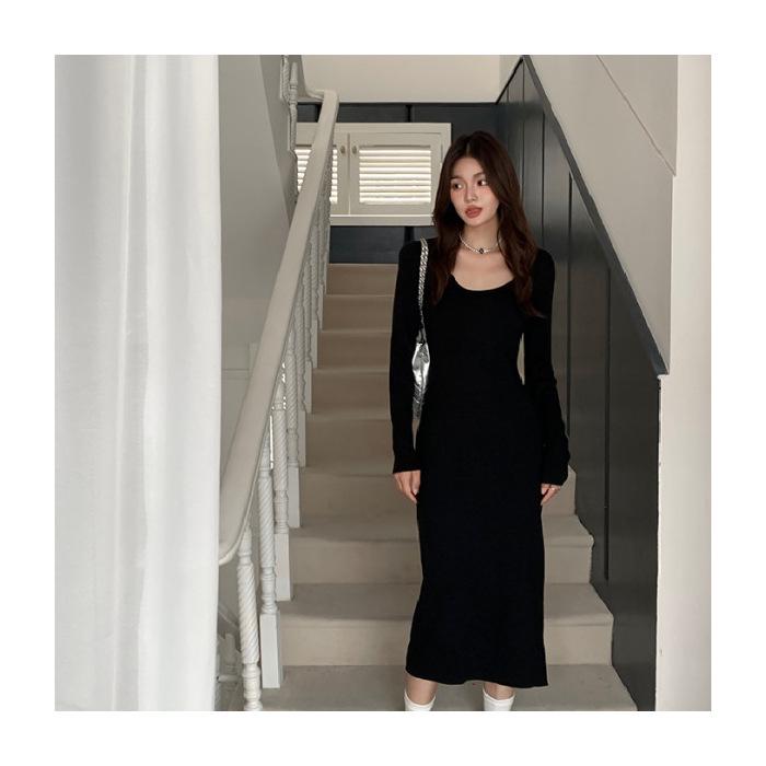 

Spring Slim Fit Waist-Cinching Little Black Dress for Women - Hip-Hugging with Slit One Size чёрный