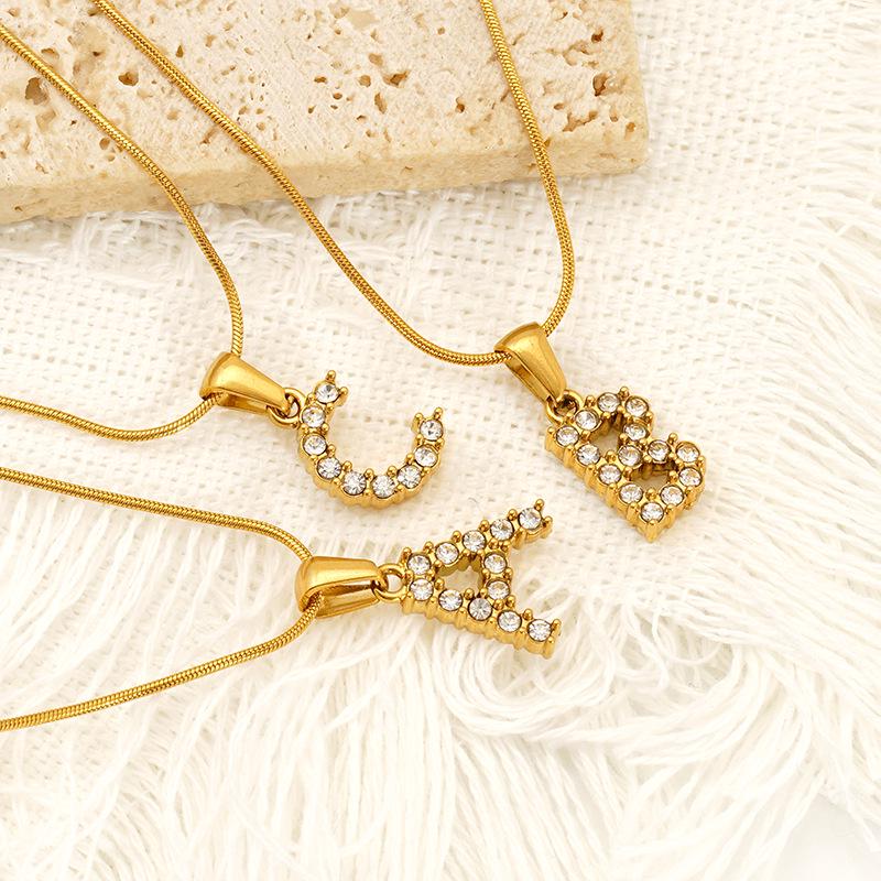European & American Stainless Steel Diamond Alphabet Pendant Clavicle Chain Necklace for Women