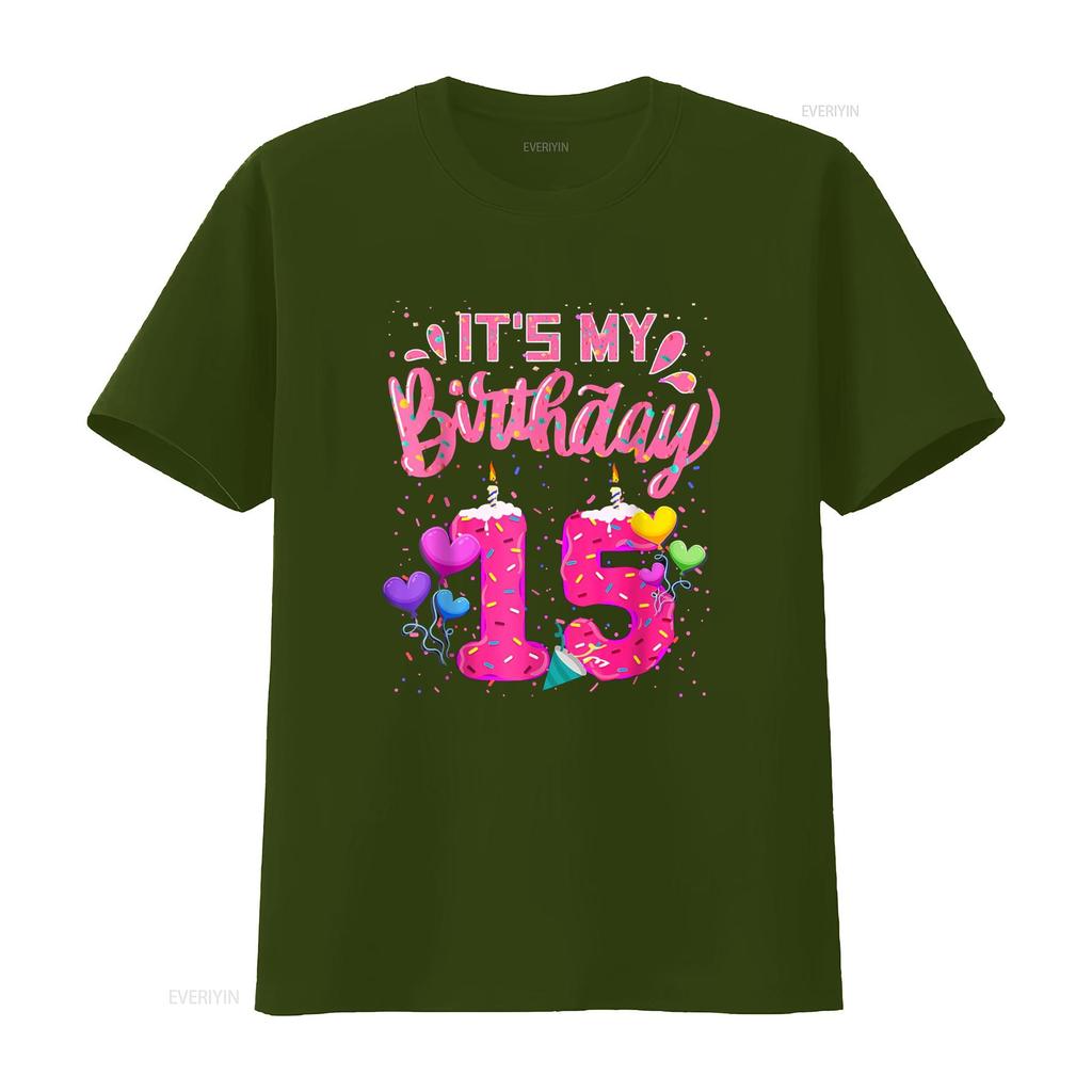 It s My 15th Birthday Doughnut Happy 15 Years Old Girl Kids T Shirt vintage Washed Stylish Casual graphic Versatile Soft
