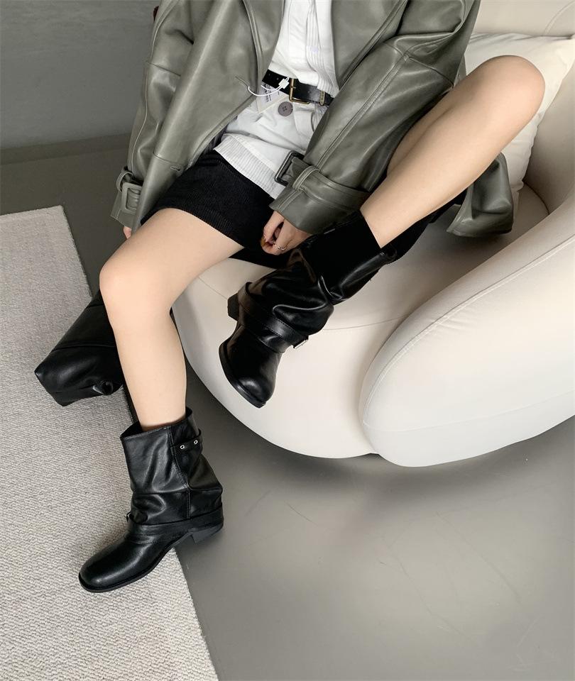 Coarse Heel Black British Medium Martin Boots Women's Boots 2025 Spring and Autumn Single Boots Western Pants Pile Pile Short Boots