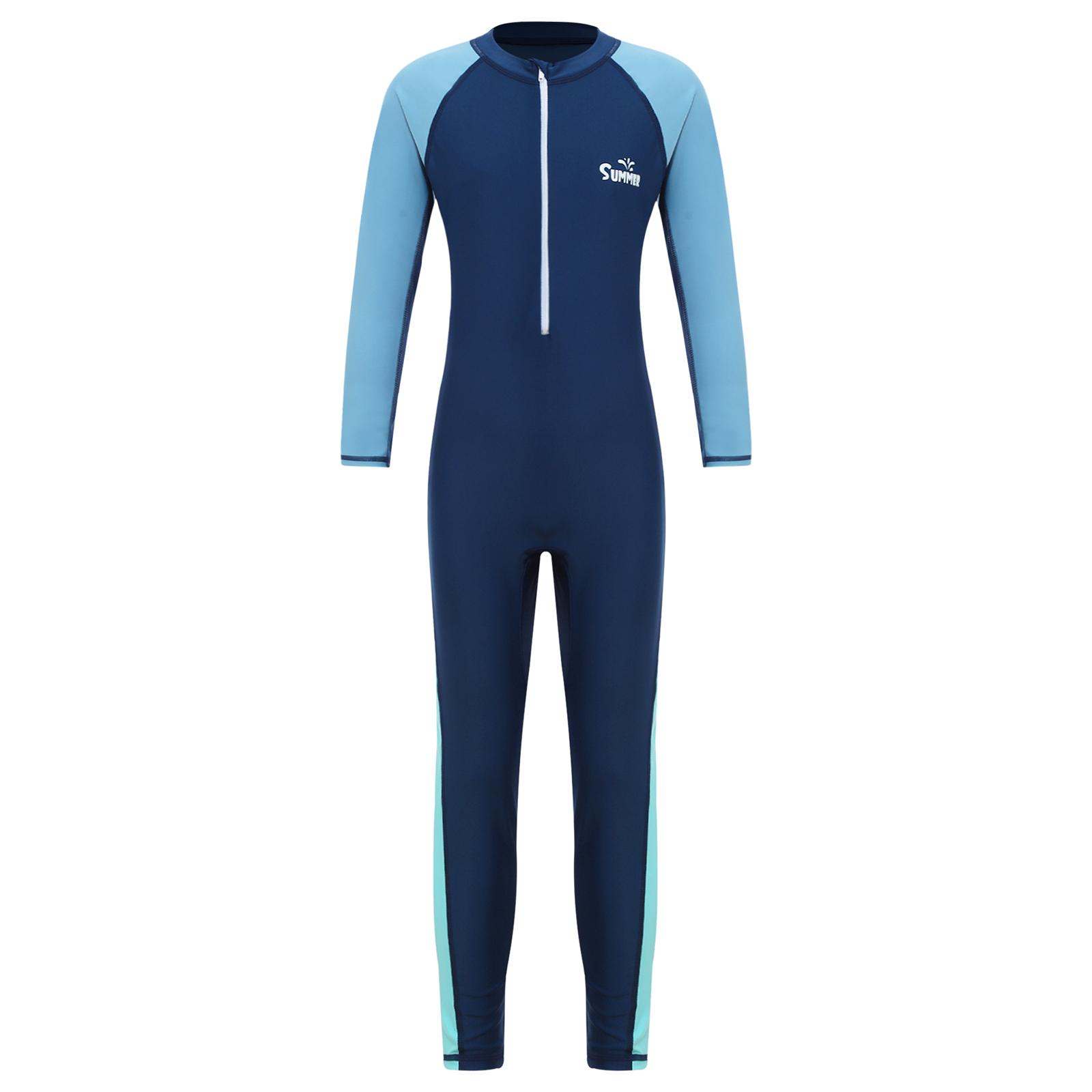 

Boys One Piece Swimwear Long Sleeve Patchwork Design Front Zipper UPF 50 Sun Protection Swimwear 7-8 Years темно-синього кольору