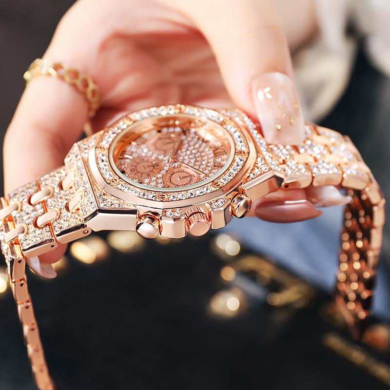 Trendy Baby'S Breath Steel Strap Diamond Encrusted Men'S Women'S Watch Full Diamond Three-Eye Roman Numeral Quartz Watch