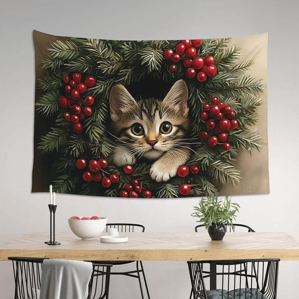 Christmas Wreath Cat Print Tapestry Wall Hanging Blanket Tapestry Home Decor Items Wall Decorations