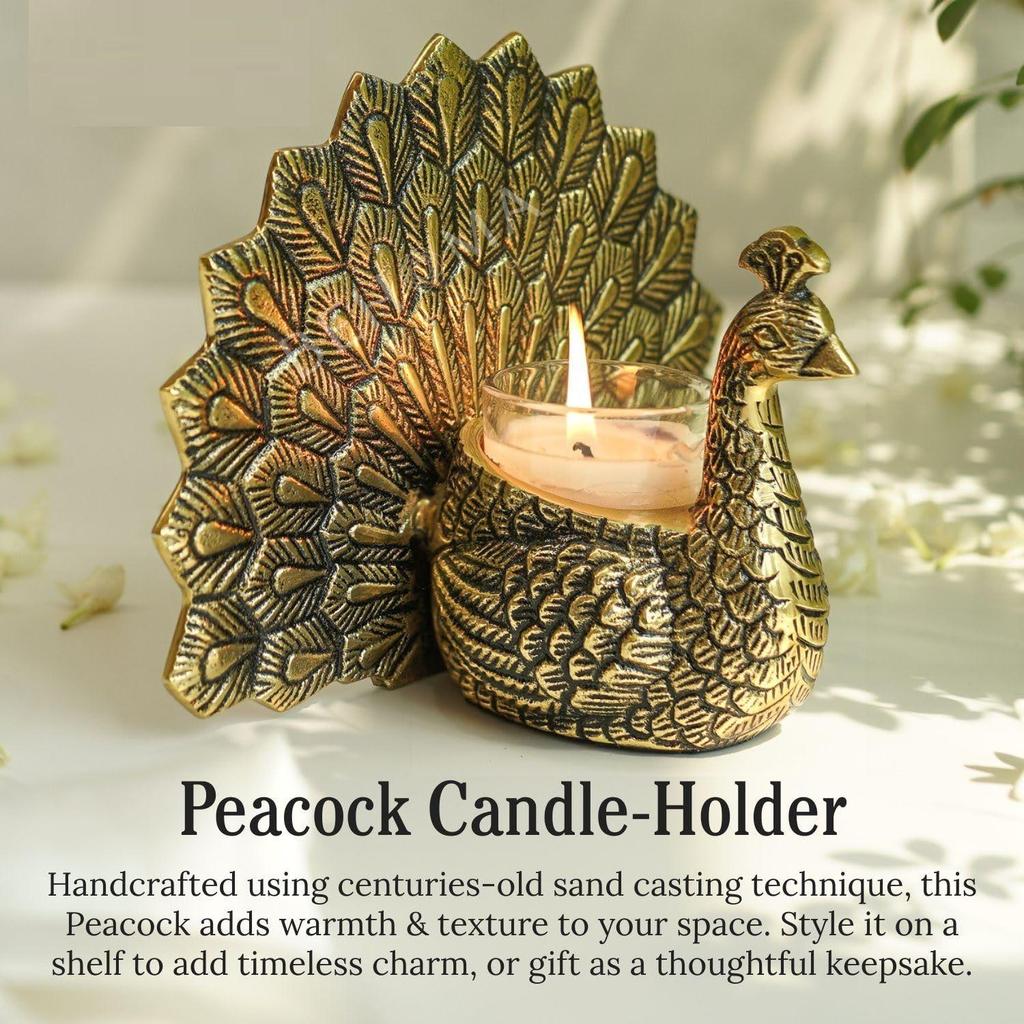 Metal Dancing Peacock Figurine for Good Luck and Love | Candle Holder for Home Dcor Tabletop Living | Showpiece (Scented Glass Votive Candle Included)