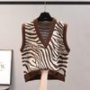 Women Knitted Vest Autumn V-neck Women's Sweater Autumn Style Zebra Print Loose and Trendy Korean Version
