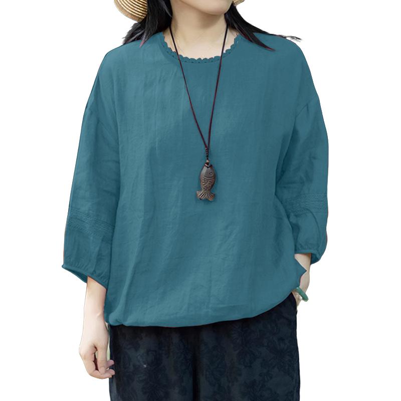 ZANZEA Women Casual Round Neck Loose Retro 3/4 Sleeve Blouse