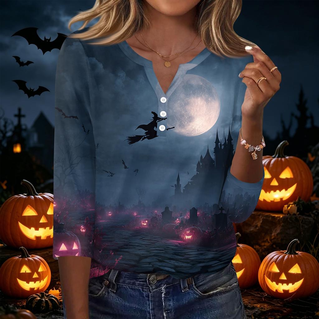 Women's Casual Halloween Print V Neck Button Front Three Quarter Sleeve T Shirt Top Lightweight Comfortable Fit for Everyday Wear