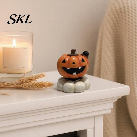 Spooky Home Decor Halloween Figurine, Small Resin Rotating Ghost Skull Pumpkin Gravestone Table Decorations Statue, Collectible Tabletop Ornament for