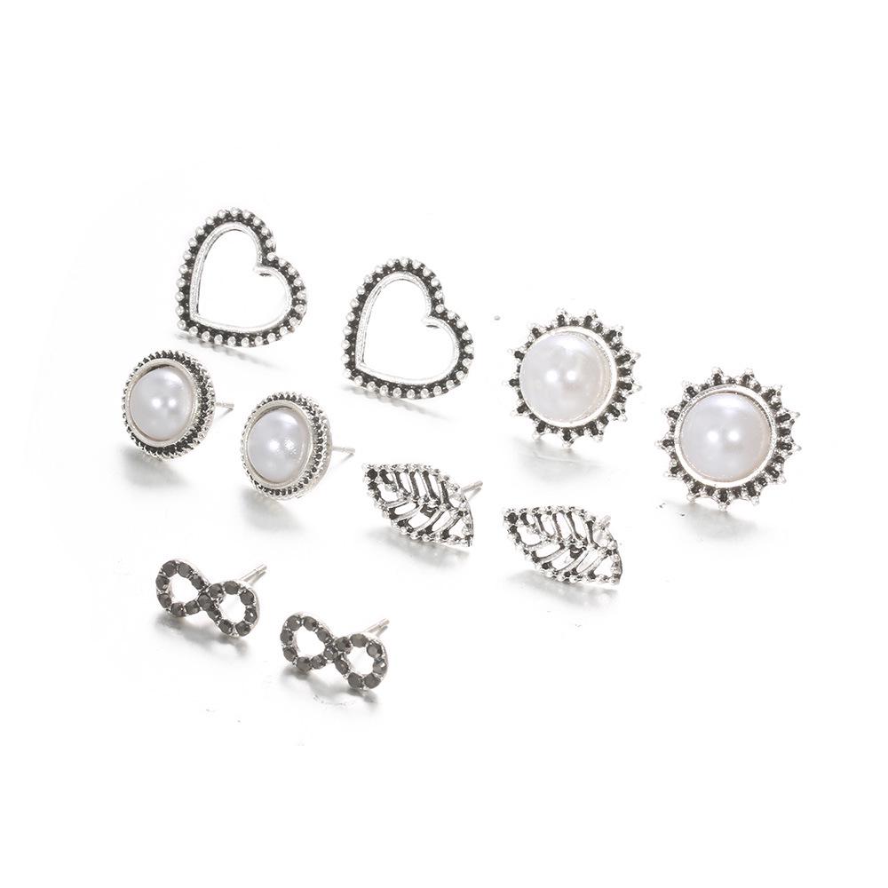 

Европейские и американские серьги-пусеты в ретро-стиле из сплава с искусственным жемчугом, с дизайном в виде сердца, листа и знака бесконечности - набор из 5 штук