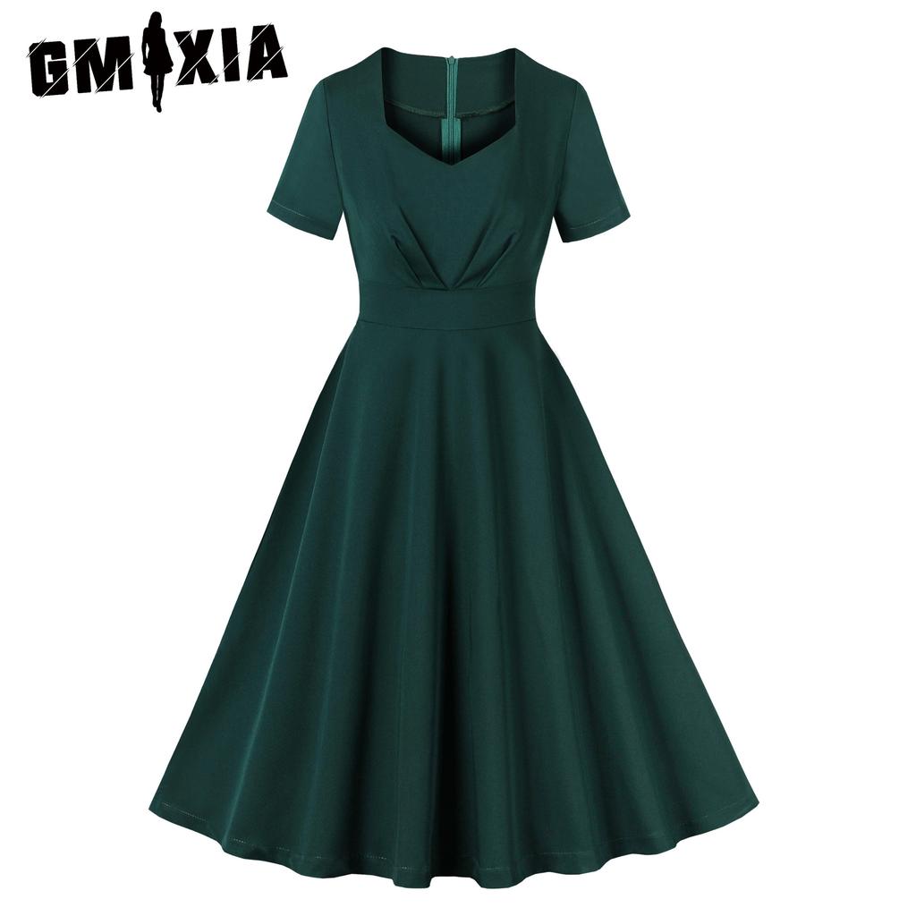 GMXIA Vestido Elegante de Estilo Herben con Cuello Corazón, Plisado, Cintura Alta y Color Sólido Vintage