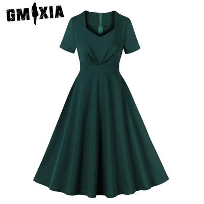 Elegantes, einfarbiges Vintage-Kleid im Herben-Stil mit Herzausschnitt, hoher Taille und Plissee