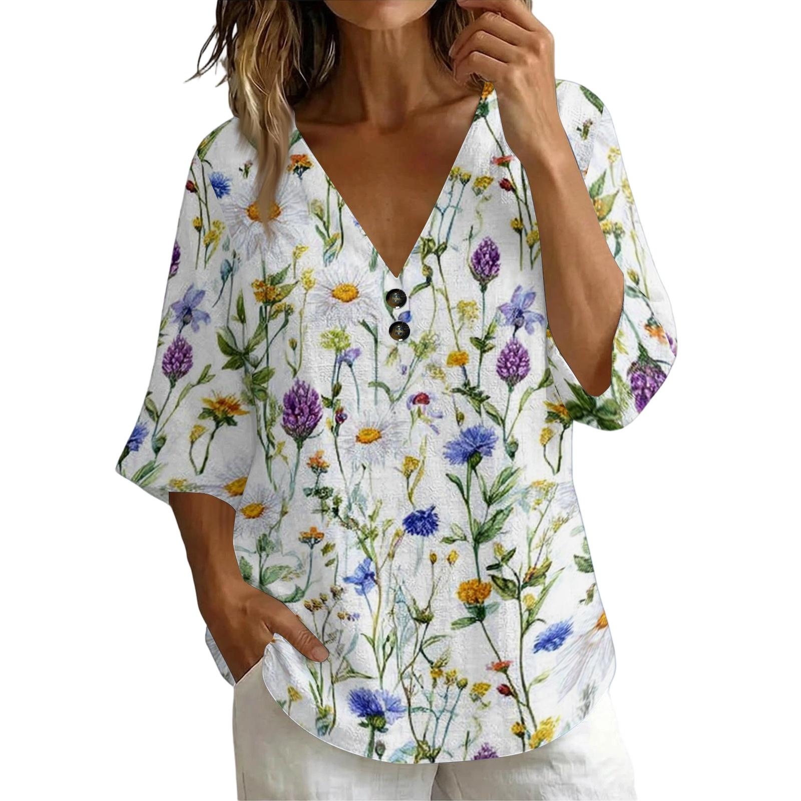 Women s Vintage Floral Print V-Neck T-Shirt - Loose Fit Short Sleeve Blouse, Faux Cotton-Linen Fabric M