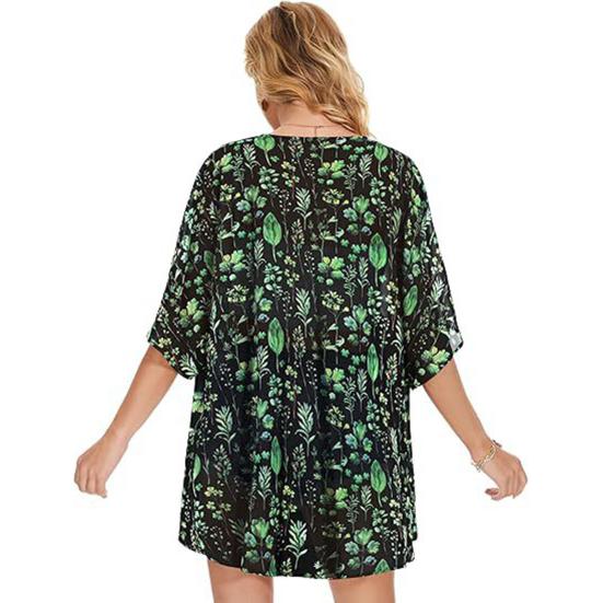 Women Beach Shirt 45720 Sleeve Mid-length Sunscreen Tops Floral Print Breathable Loose Fit Beach Shawl