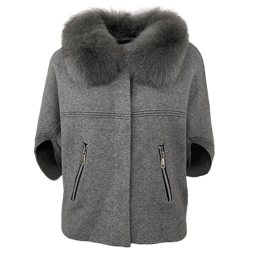 OFTBUY 2024 Herbst Winter Echt Fuchs Waschbär Pelz Kragen Mantel Gestrickte Pullover Frauen Kurzarm Jacke Dicke Warme