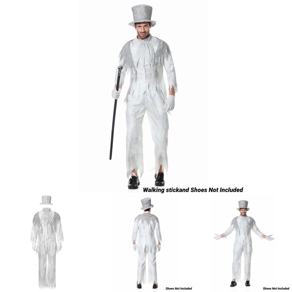 Ymkq Halloween Vampire Party Costume Adult Unisex White Ghost Bride And Groom Cosplay Performance Attire