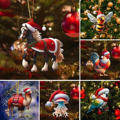 Christmas Ornaments for Tree Acrylic Cartoon Animal Car Rear Mirror Hanging Charm 2D Flat Cat/Dog/Bear/Rabbit Pendant for Xmas Tree Auto