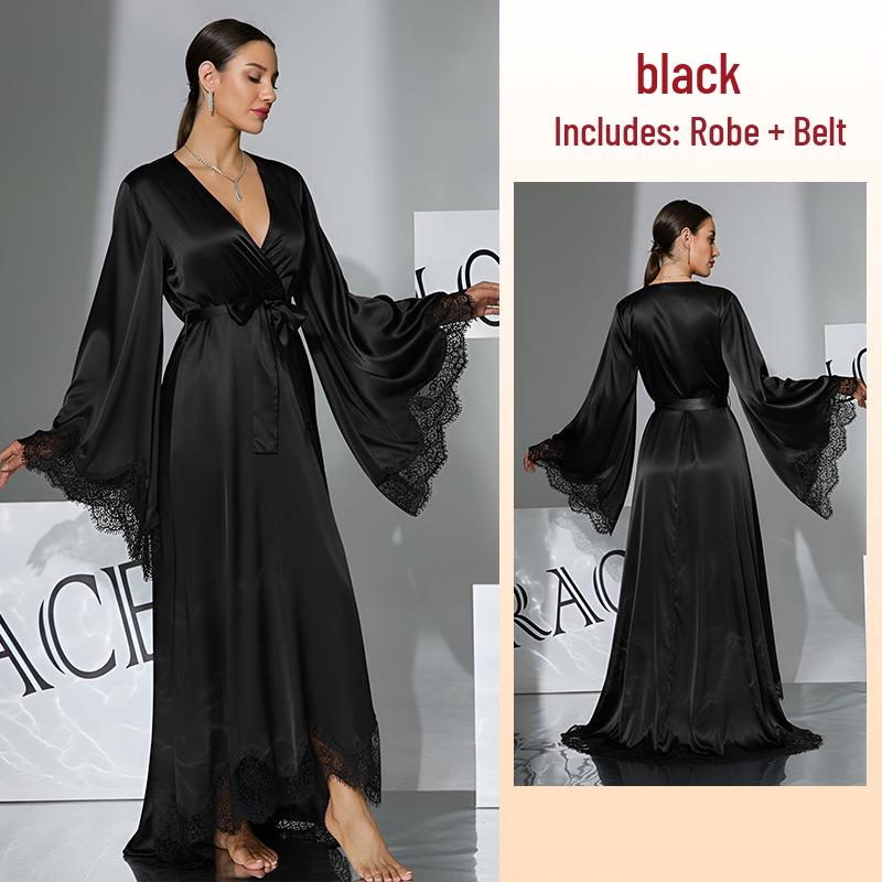 Black & White Satin Morning Robe with Flared Sleeves, Lace Accents, Long Style, Tie Belt, and Train Hem
