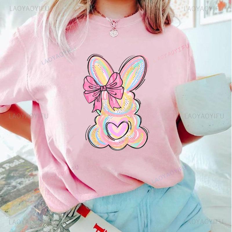 Brushstroke Bunny Easter T Shirt Kawaii Women Short-sleev Tee-shirt Retro Style Streetwear Fashion Casual Cotton Tops Ropa Mujer