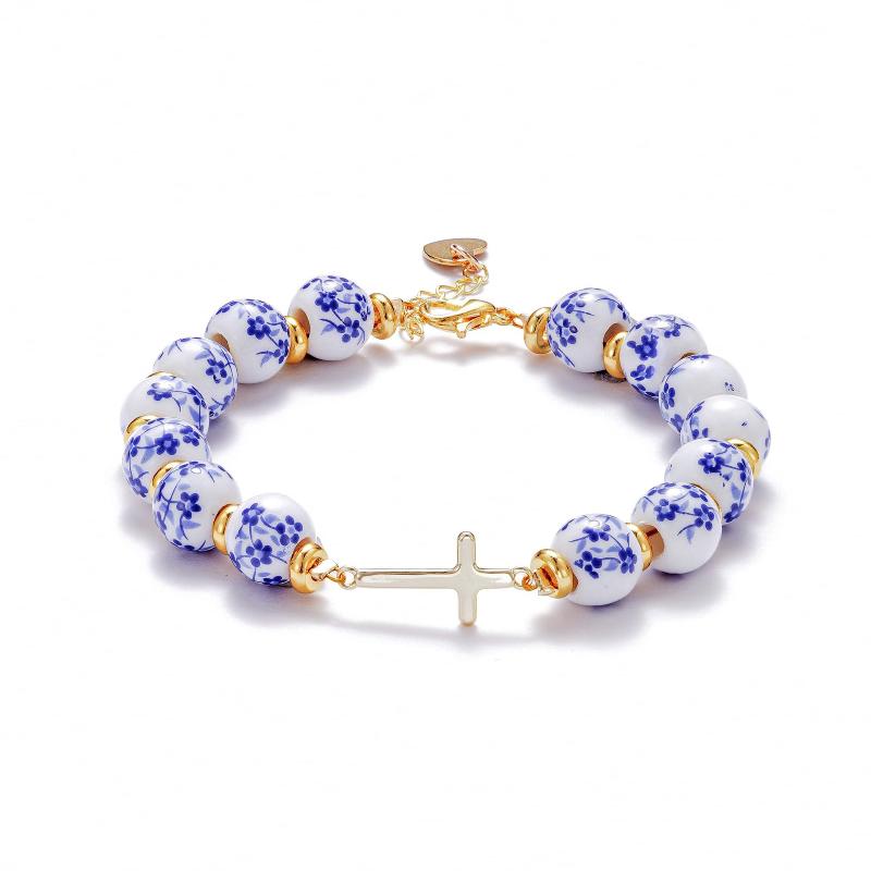 Эластичный сине-белый фарфоровый браслет с металлическими бусинами, винтажные бусины, браслеты, керамика, антиквариат, новый браслет в китайском стиле