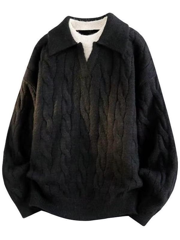 Men’s V-Neck Cable Knit Polo Sweater - Autumn/Winter Business Outerwear