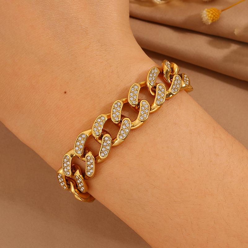 18K Gold Plated Women's Titanium Steel Cuban Chain Bracelet with Diamond Inlay - Luxurious European & American Fashion