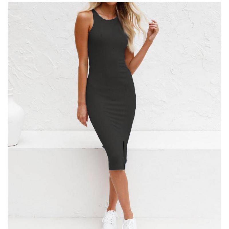 2026 European & American Cross-Border Solid Sleeveless Slim Fit Long Knit Split Dress for Women Large чёрный