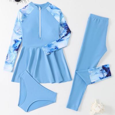 Children's Three-Piece Conservative Swimsuit: Girls' Long Sleeve Top, Long Pants, Split Design for Middle and Big Kids.