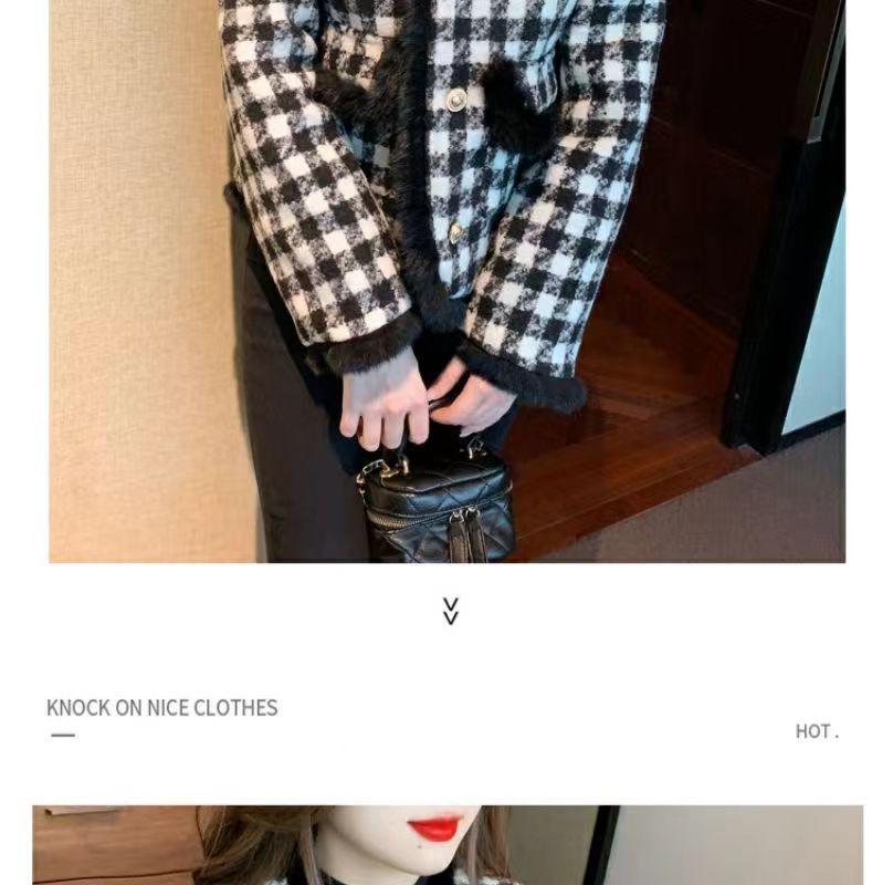 Women's French Chic Houndstooth Chunky Knit Coat - Warm, High-End Autumn/Winter Top with Raw Edges