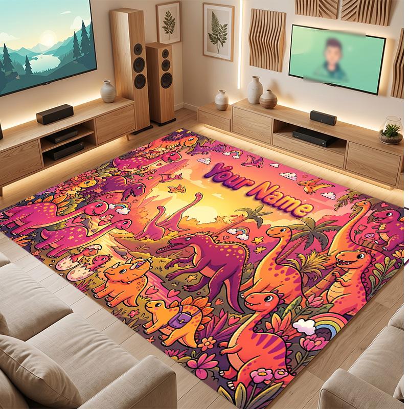 Dinosaur Theme Soft Crystal Velvet Rug Custom Name & Text Print Non Slip Floor Rug for Bedroom Living Room