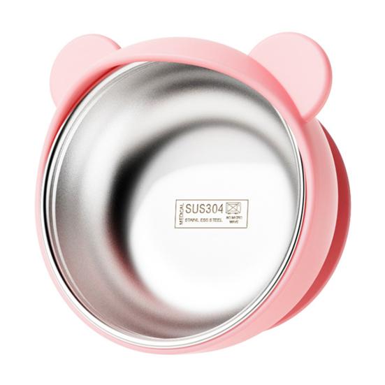 Yousheng Bear Silicone Baby Bowl, Stainless Steel Toddler Bowl with Strong Suction Base, Non Slip Anti Spill Training Bowl for Kids