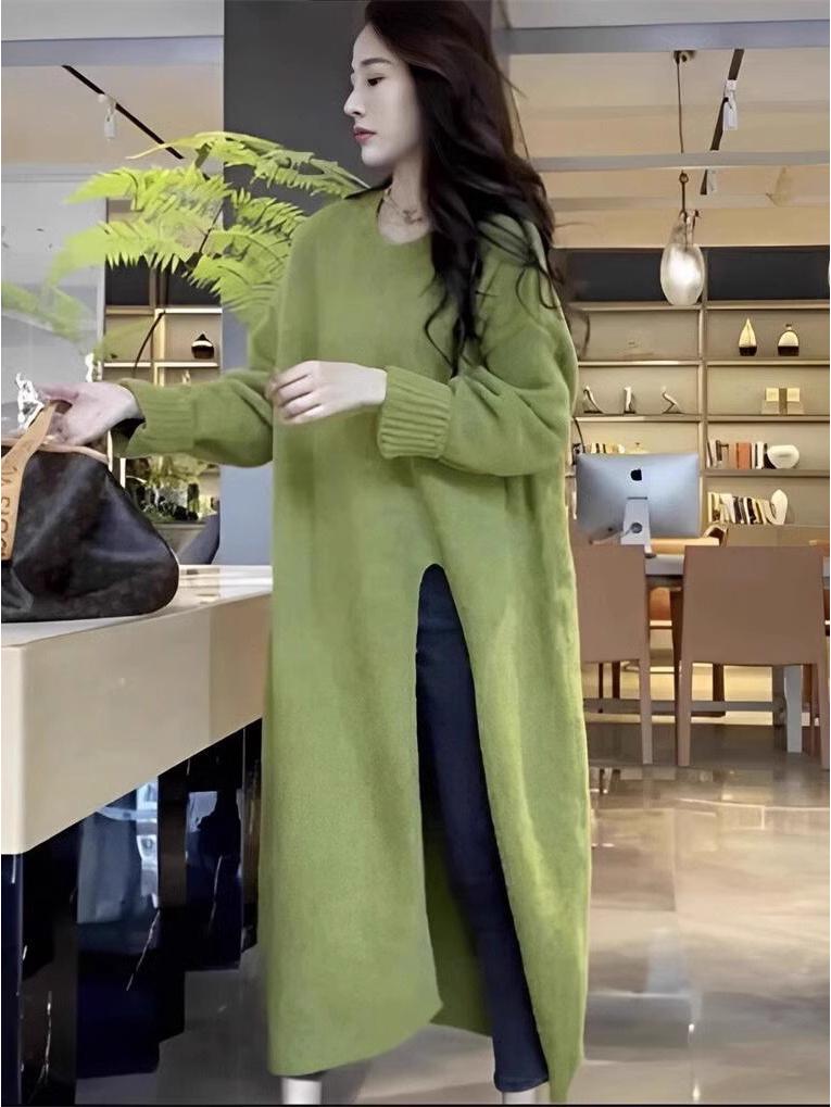 Rochie Pulover Tricotată Midi pentru Femei: Stil lejer, Gât rotund, Croială largă, Fantă laterală, Peste genunchi, Toamnă/Iarnă