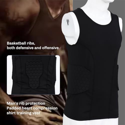 Dovhmoh Men's Rib Protector Padded Compression Shirt Training Vest with 3 Pads, Protective Gear for Soccer, Football, Basketball, Hockey, Size L