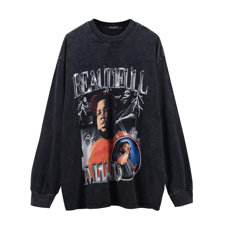 American High Street Retro Graffiti Long-Sleeved Vintage Bottoming T-Shirt Men'S And Women'S Vibe Hip-Hop Street Trendy Tee