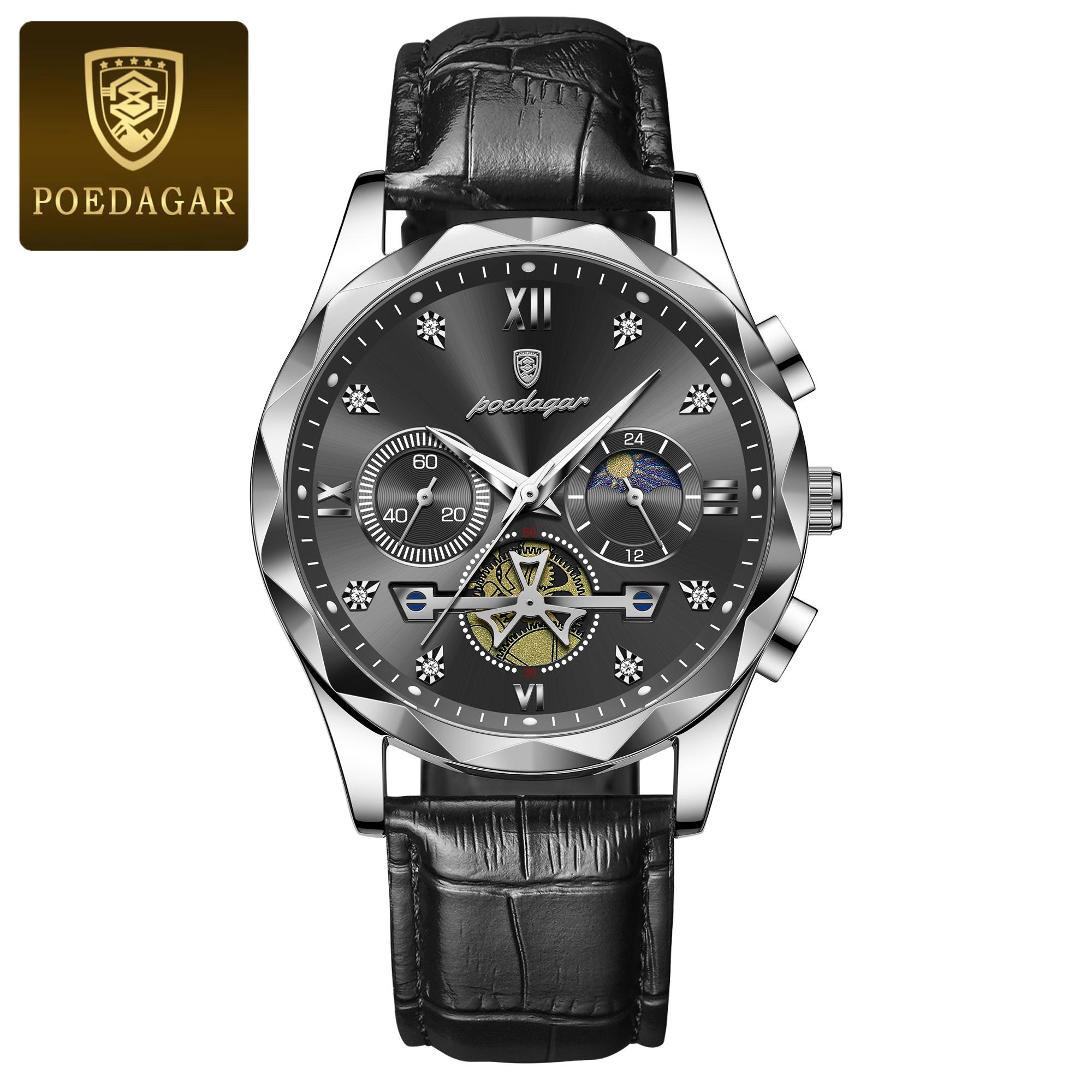 

POEDAGAR Luxury Watch for Man Sports Leather Quartz Watch Waterproof Luminous Chronograph Watches Male Clock Reloj+box чёрный/серебряный