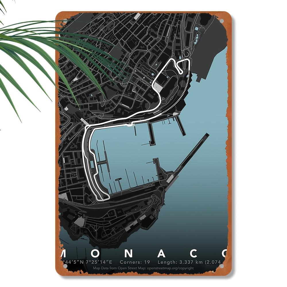 Vintage Monaco Karte Metall Blechschild Rennstrecke Kunst Poster für Zuhause Büro Bar oder Café Dekor Klassische Vintage Wanddekoration