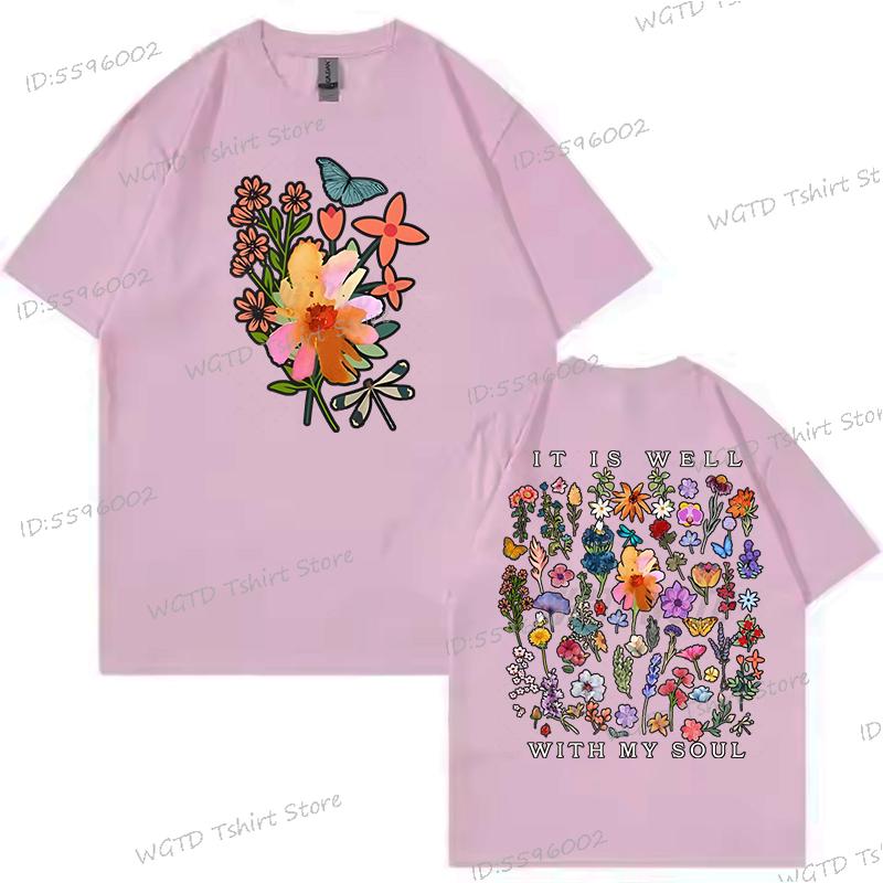 Inspirational Quotes Shirt Design Floral It Is Well with My Soul Graphic T Shirts Women Christian Floral Tops Wild Flowers Shirt