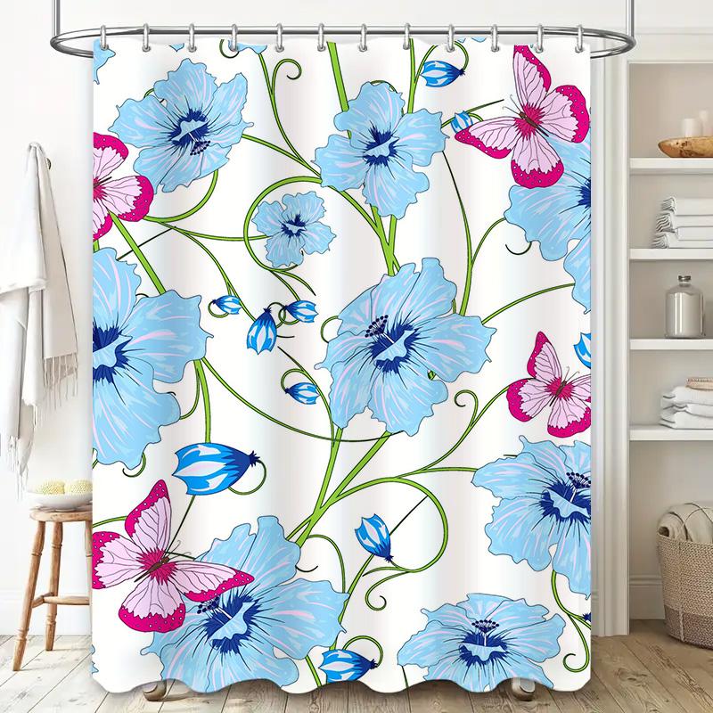Modern Flower Design Shower Curtain Blue Butterfly Print Decorative Waterproof Fabric for Bathroom Bath Accessories Large Size 1
