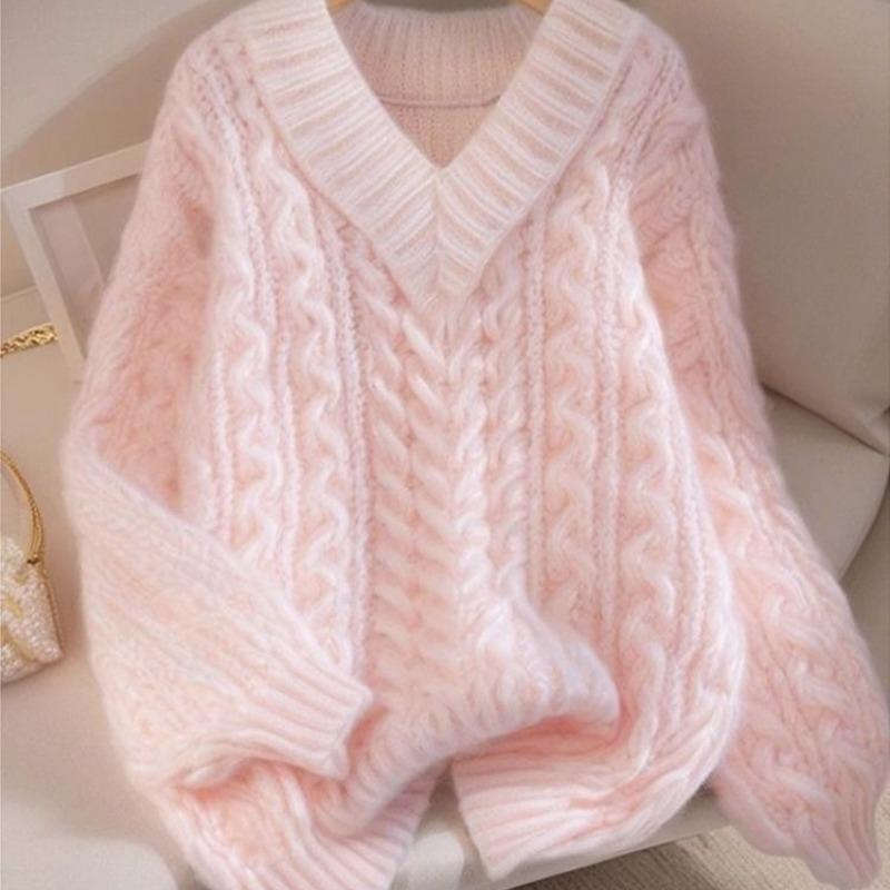 Women s Solid Color Sweater Loose V-neck Striped Pattern Famale Knitted Pullover Autumn Comfortable Soft Ladies Long Sleeved Pullovers Top One Size розовый 2870₽