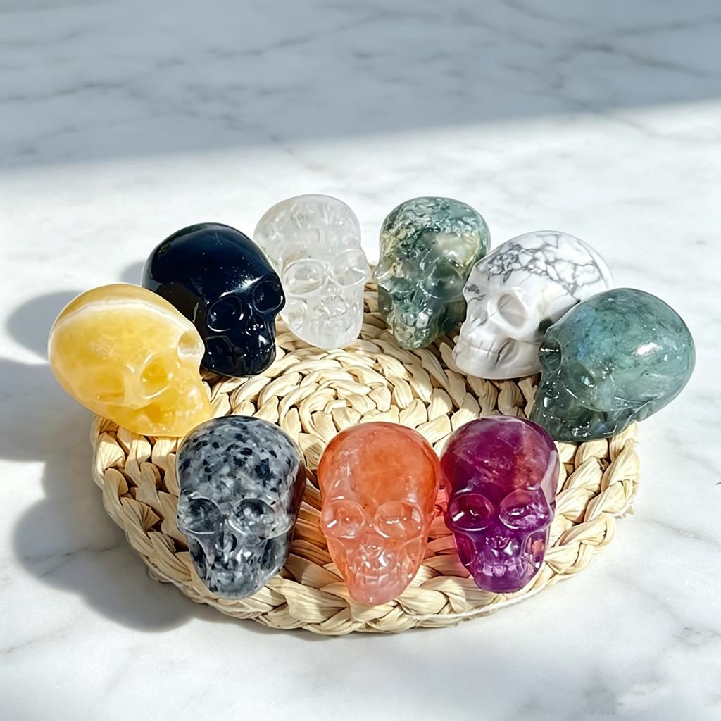 Natural Stone and Gemstones. Small Carved Skulls. Exquisite Small Crystal Skulls. Home Decorations.