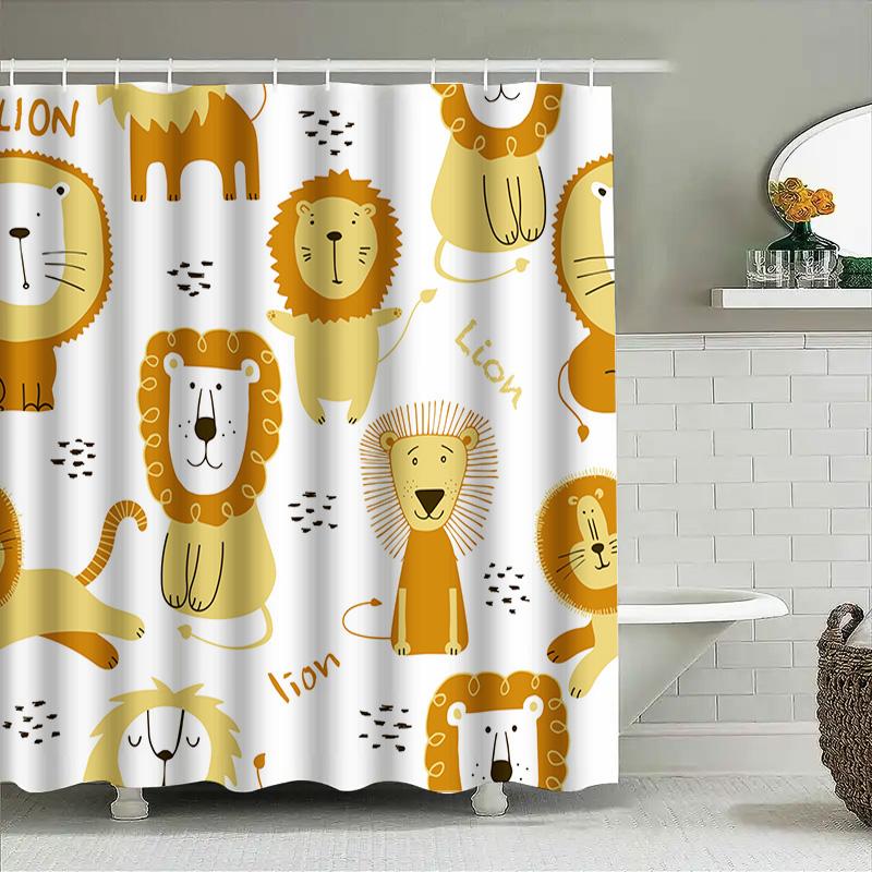 Whimsical Cartoon Lion Family Bath Shower Curtain Set Waterproof Decor