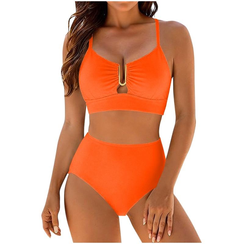 Women's Pink Metal Accent High-Waist Two-Piece Bikini Swimsuit