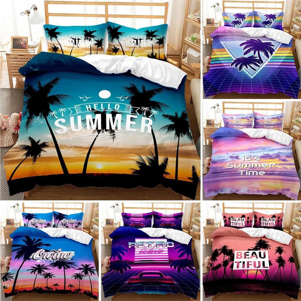 Hawaiian Summer Beach Seascape Palm Trees Comfortable Duvet Quilt Cover Pillowcase Bedding Set Bedroom Decoration Home Textile