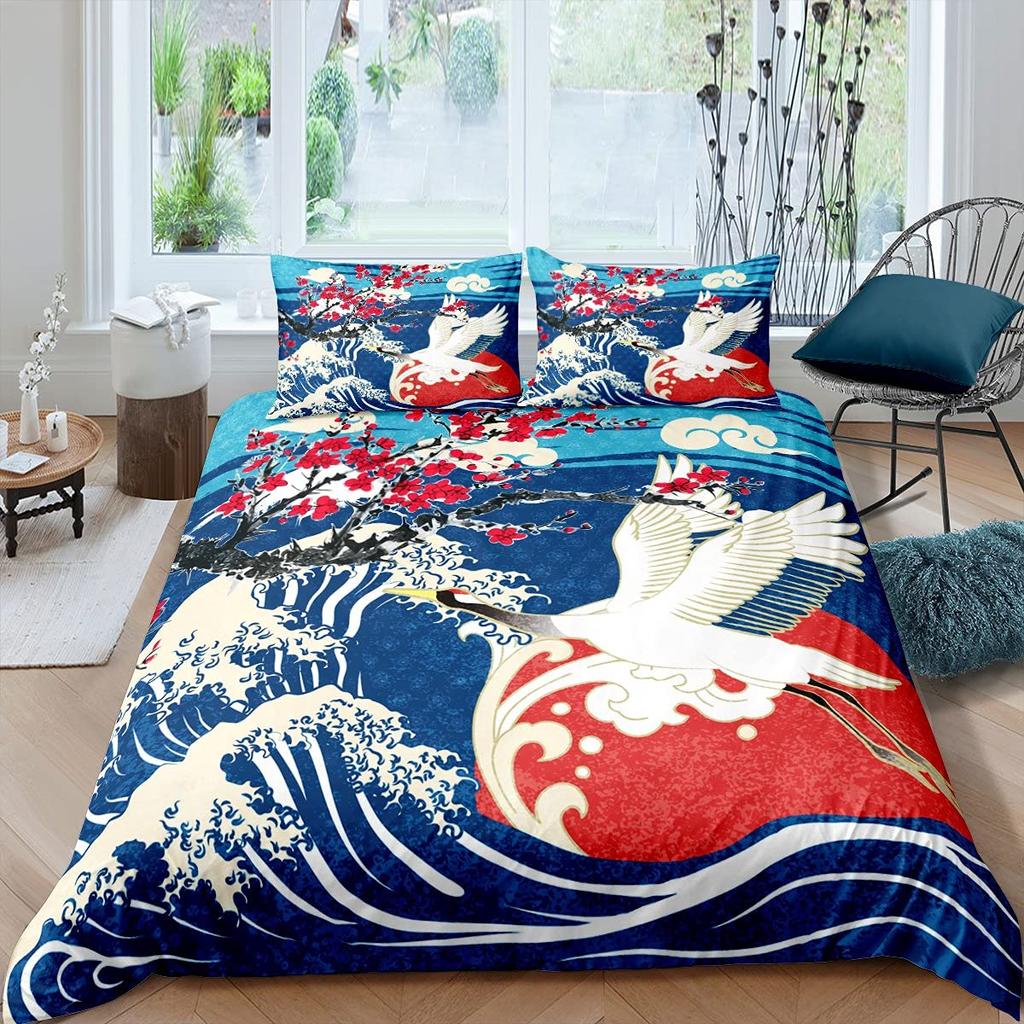 Comforter Crane Queen Size Japanese-Style Bedding Set Cherry Blossoms Pattern Women Girls Japanese Traditional