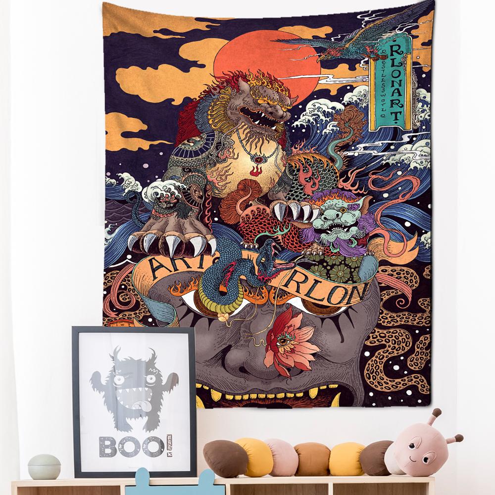 Japanese Illustration Tapestry Wall Hanging Kanagawa Wave Printing Bohemian Hippie Bedroom Home Decor