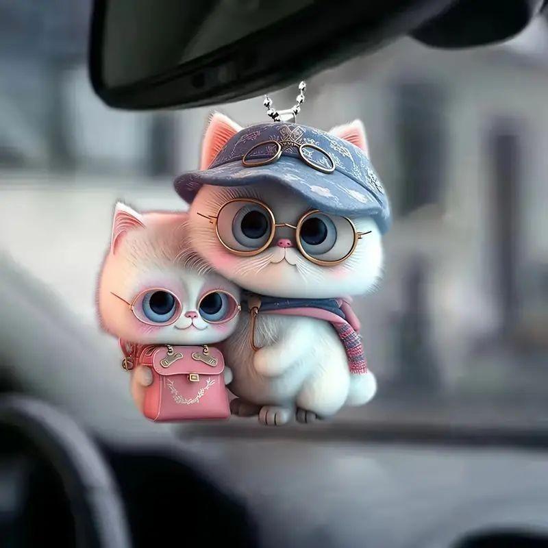 Acrylic Flat Surface Couple Cat Car Pendant With Hat Cute Decor For Auto Interior Enthusiasts